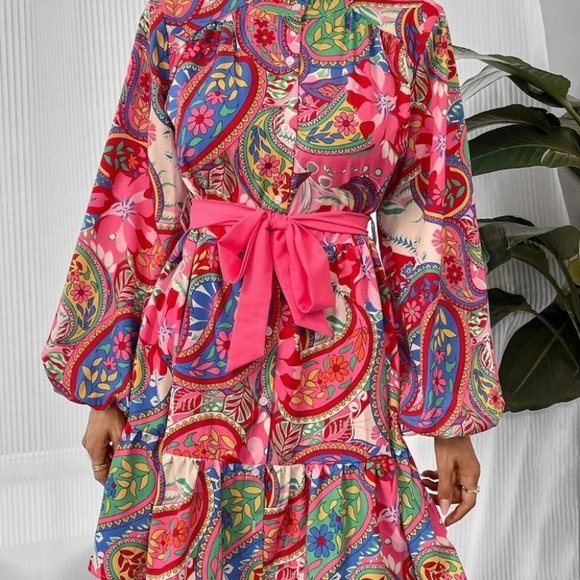 Pink boho Womens Paisley Print  mini Dress - Picture 2 of 5